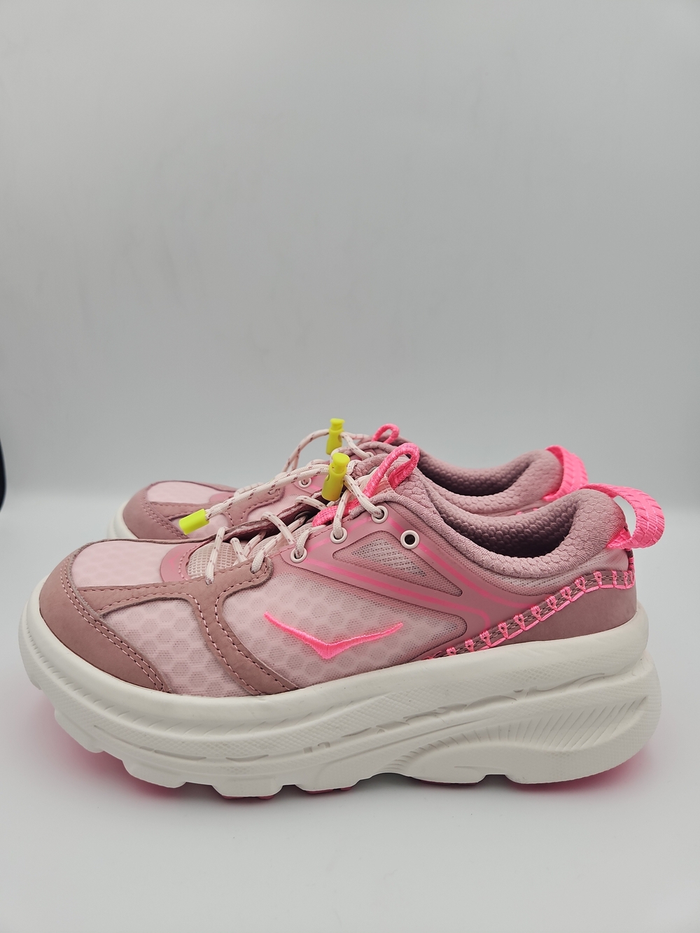 Hoka Women's Pink Athletic Shoes with Neon Yellow Lace Toggles